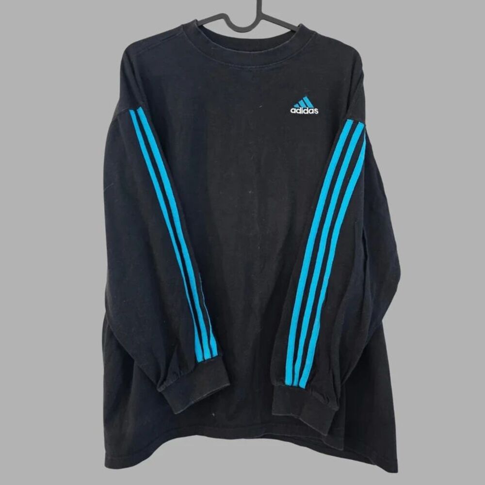 Y2K Adidas Mens Size XL (Fits like M) Black & Blue Pullover Jumper Sweatshirt